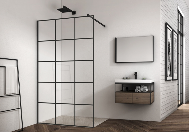 EX-100-3 6/8/10 mm matt black grid walk-in shower enclosure