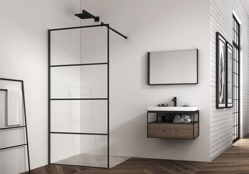 EX-100-2 Matt black grid 8mm tempered glass walk-in shower enclosure