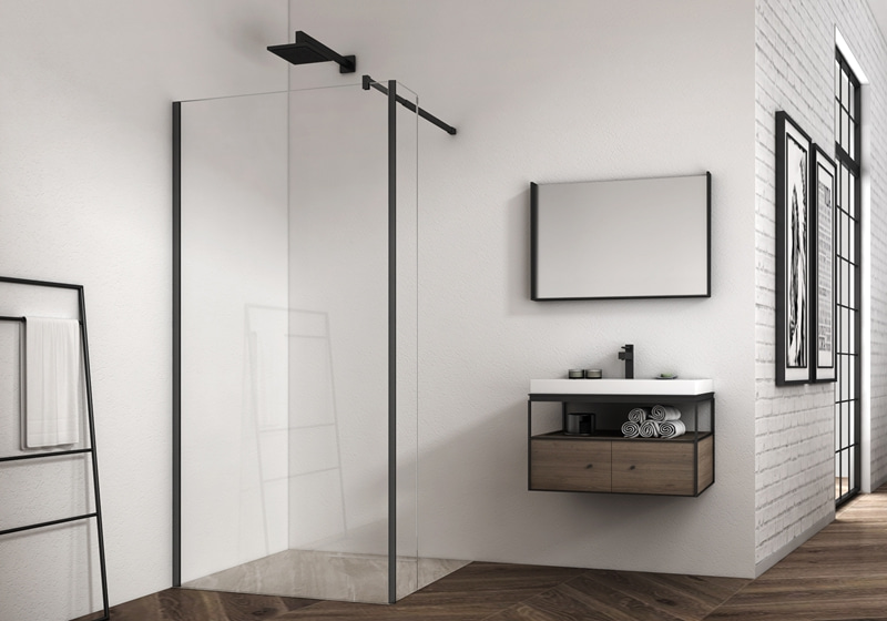 EX-106 6/8/10mm matt black walk-in shower enclosures with 30cm fixed glass